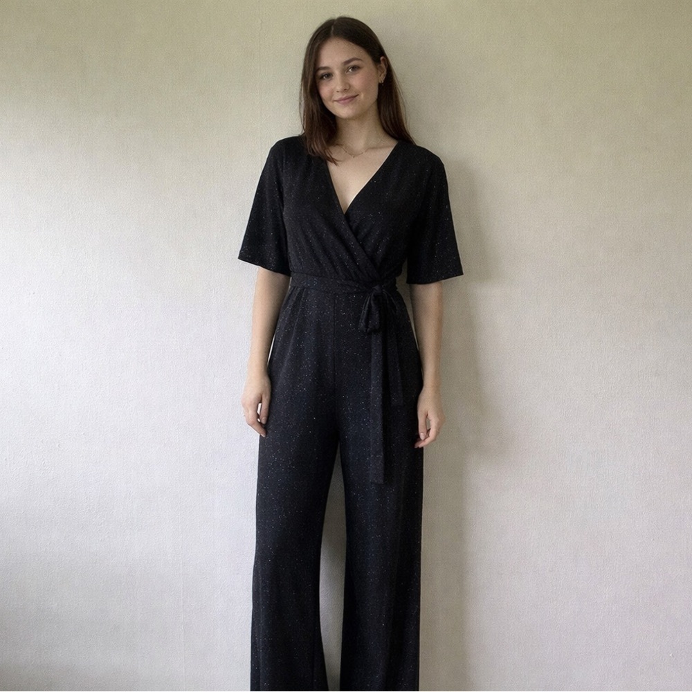 Mi Ami Medium Sparkly Black Wrap Wide Leg jumpsuit